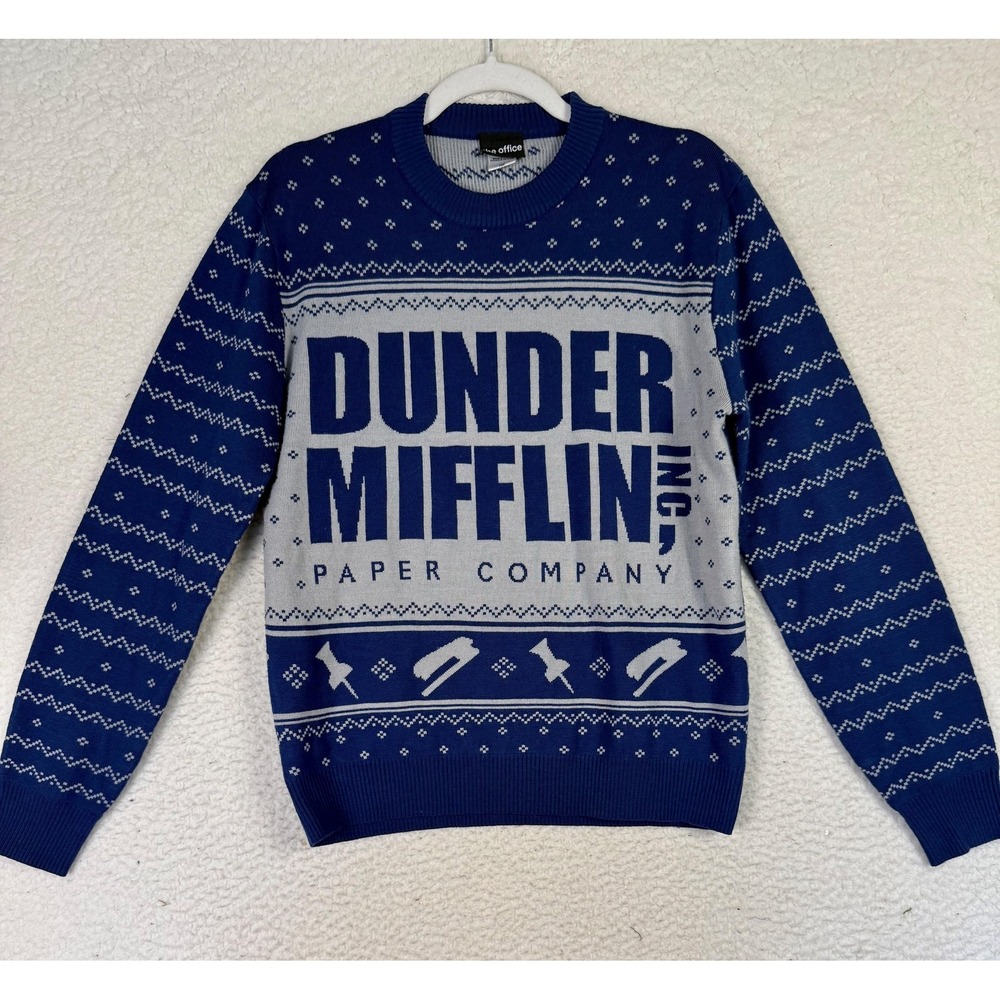 The Office Dunder Mifflin Sweater Mens M Blue Graphic Christmas Ugly Sweater